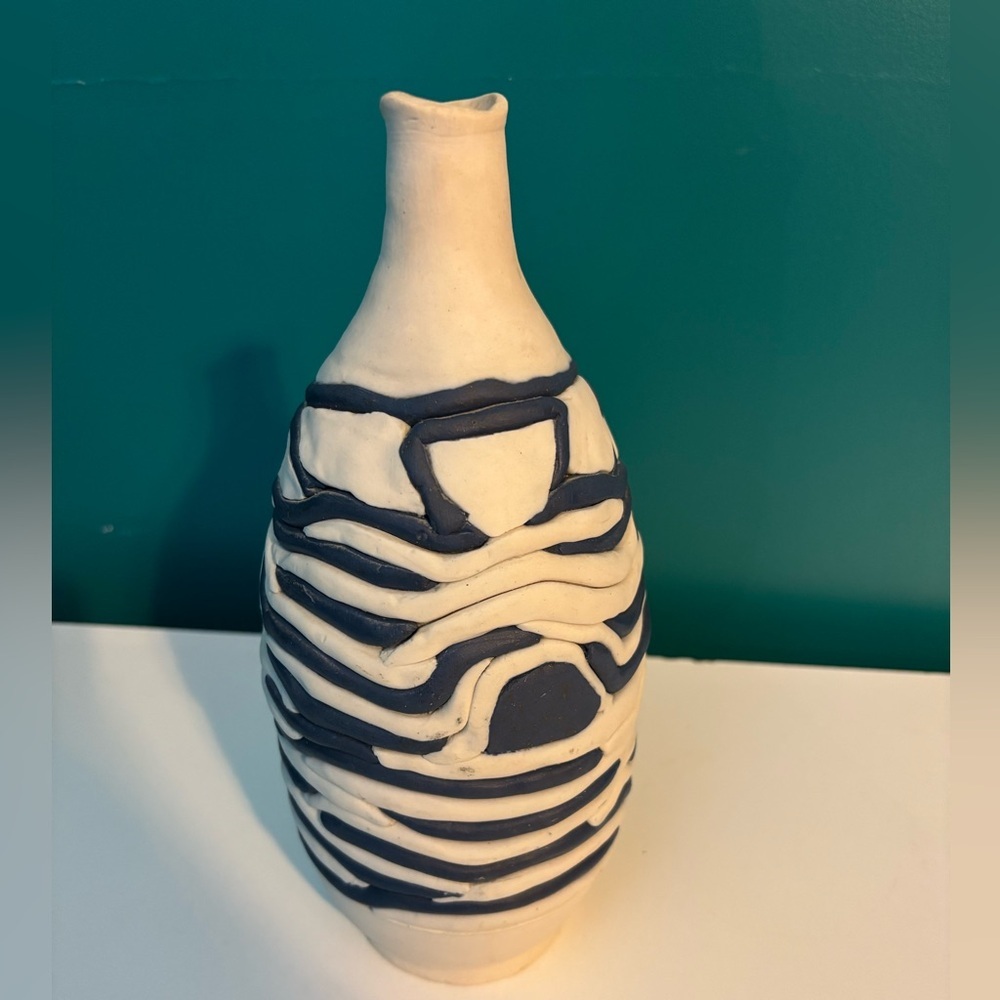 Artistic Handmade Cream and Blue Ceramic Pottery Vase